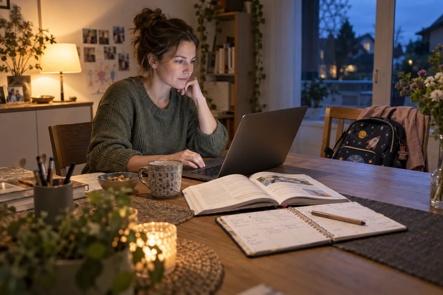Eine Frau lernt abends zu Hause am Laptop; auf dem Tisch liegen ein Buch und ein Wochenplaner, daneben steht ein Schulrucksack.
