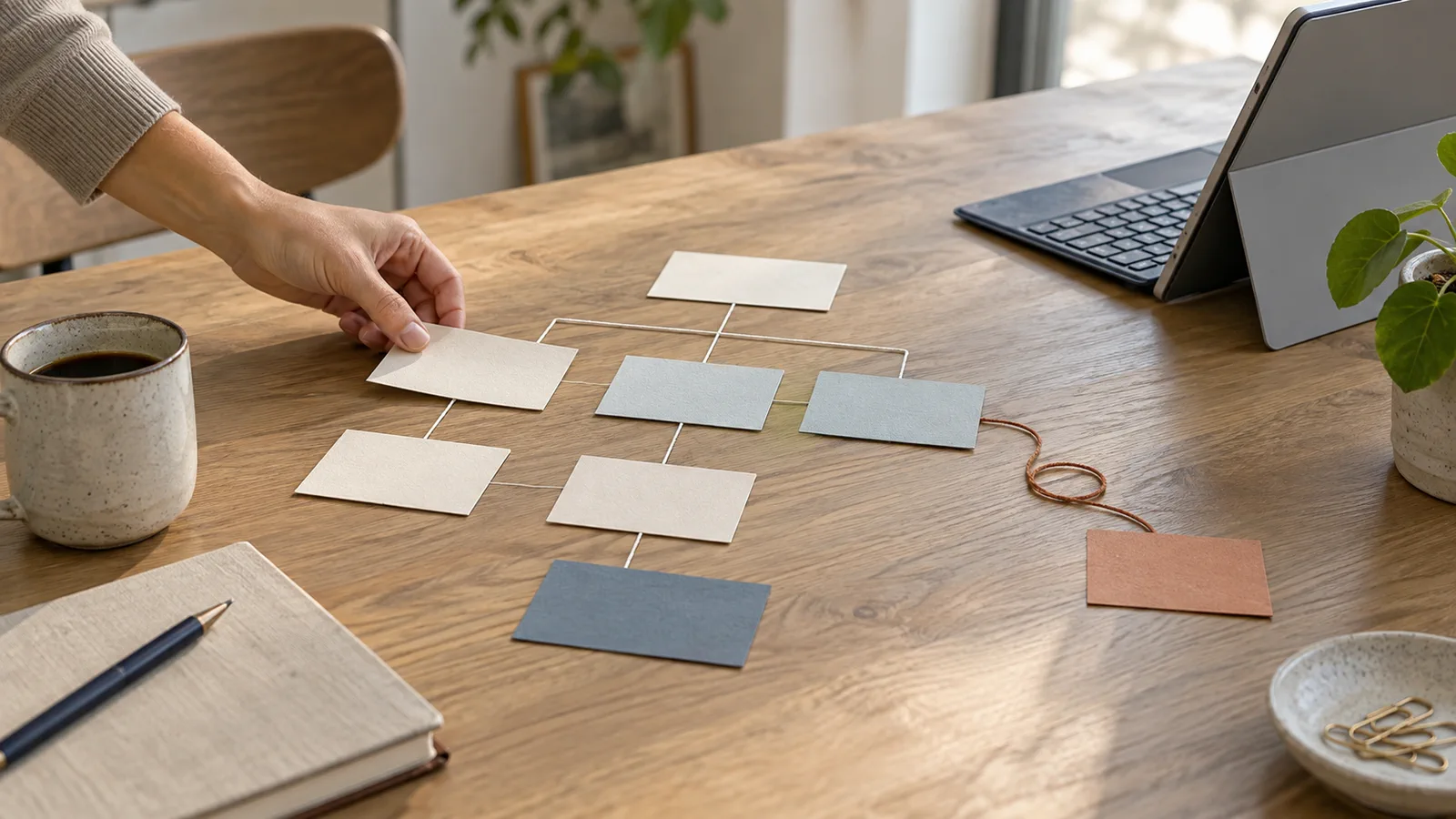 Heller Arbeitstisch mit unbeschrifteten Prozesskarten, separatem Weg für offene Fälle, einer Hand beim Verschieben einer Karte und einem Surface Pro im Hintergrund.