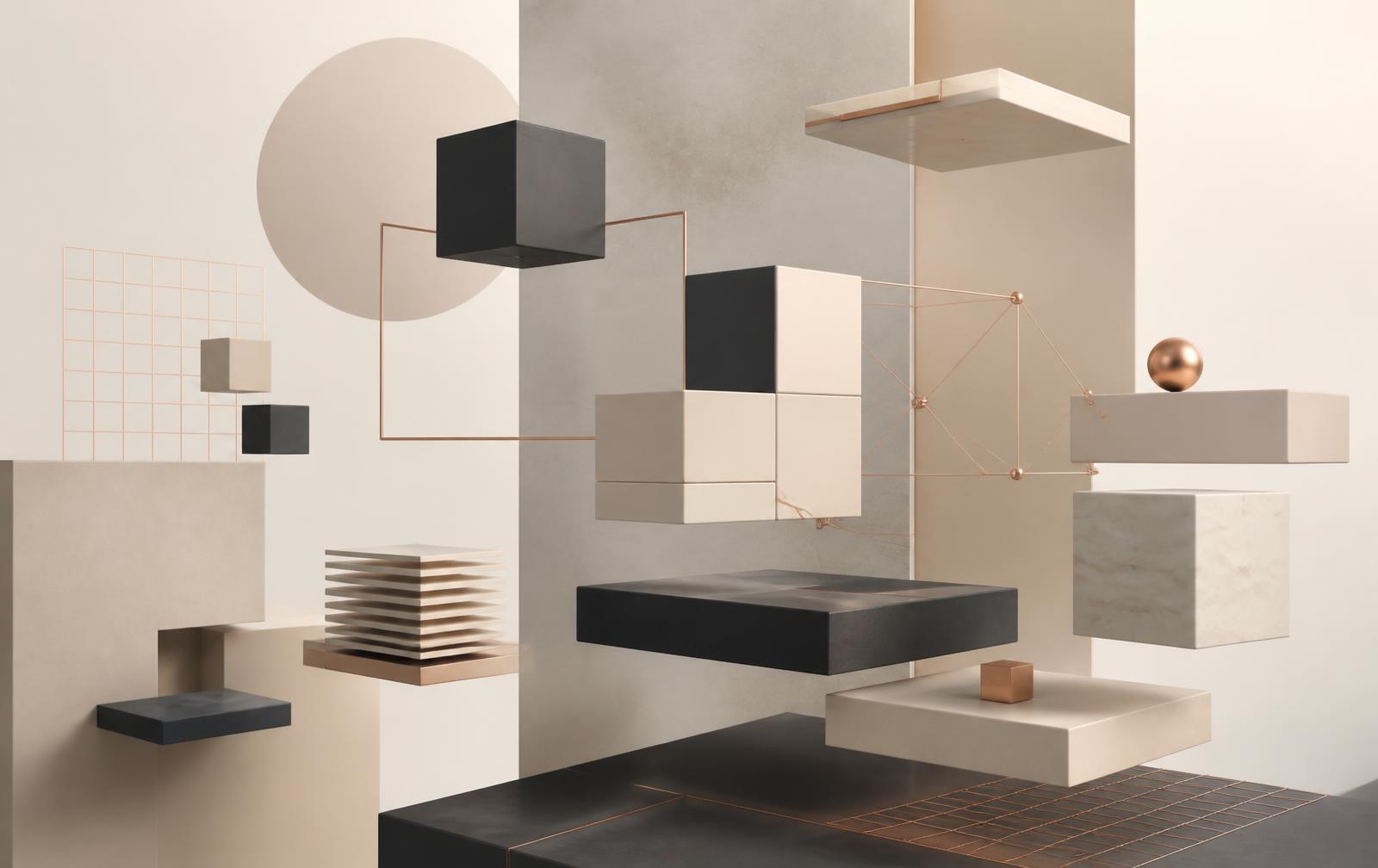 Abstrakte, modular aufgebaute geometrische Formen als Sinnbild für digitales Lernen